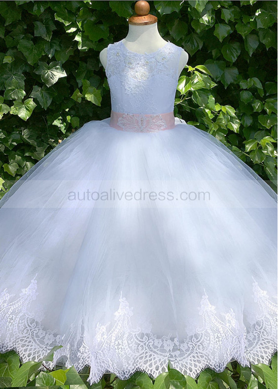 Beaded White Lace Tulle Keyhole Back Flower Girl Dress